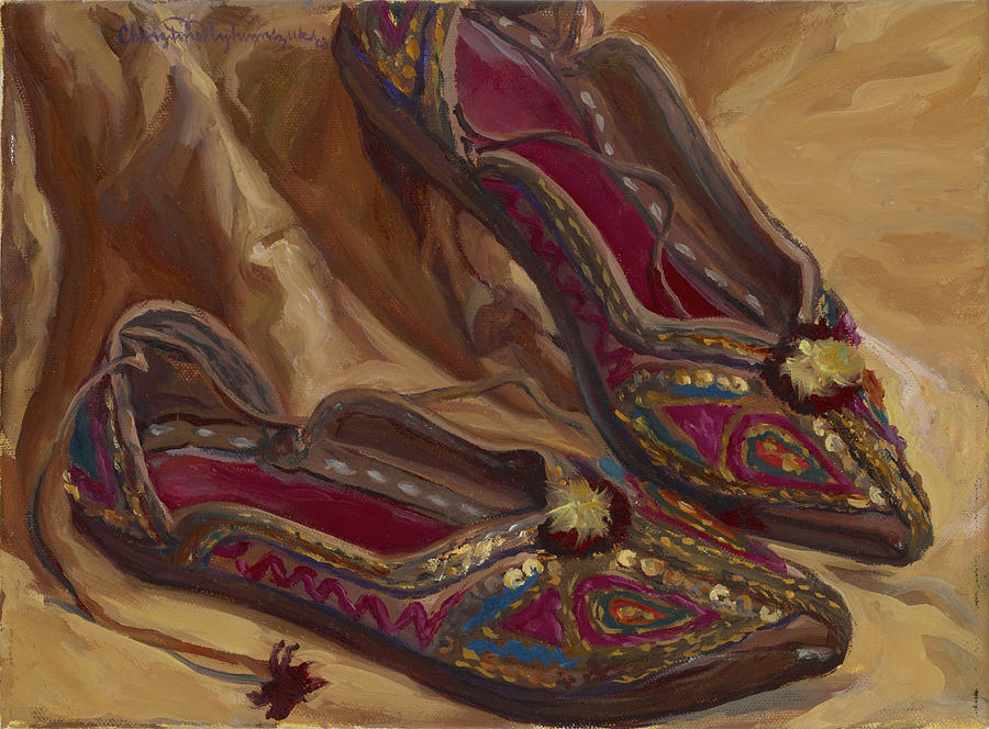 900x664 East Indian Shoes Painting By Christine Lytwynczuk - East Indian Painting