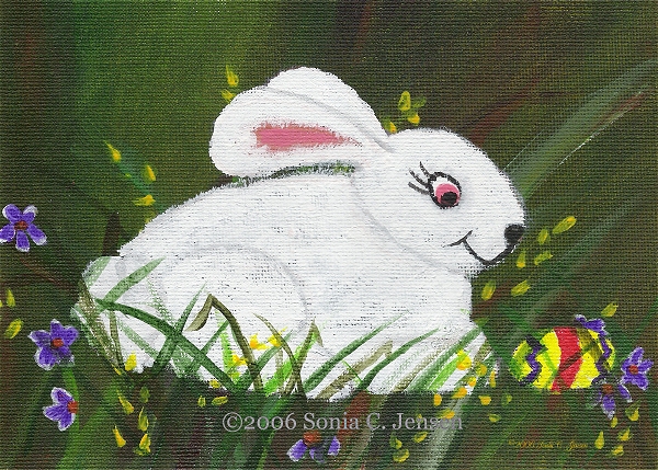 600x429 Easter Bunny With Egg Acrylic Painting By Sonia C. Jensen - Easter Bunny Painting