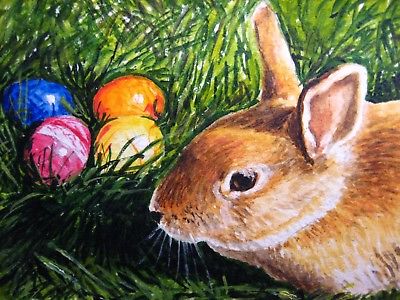 400x300 Painting Easter Bunny Rabbit Hare Egg Green Grass Aceo Art - Easter Bunny Painting