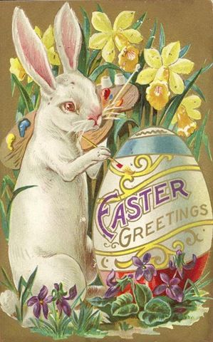 299x480 Free Vintage Printable Greeting Card Easter Bunny Painting Ornate - Easter Bunny Painting