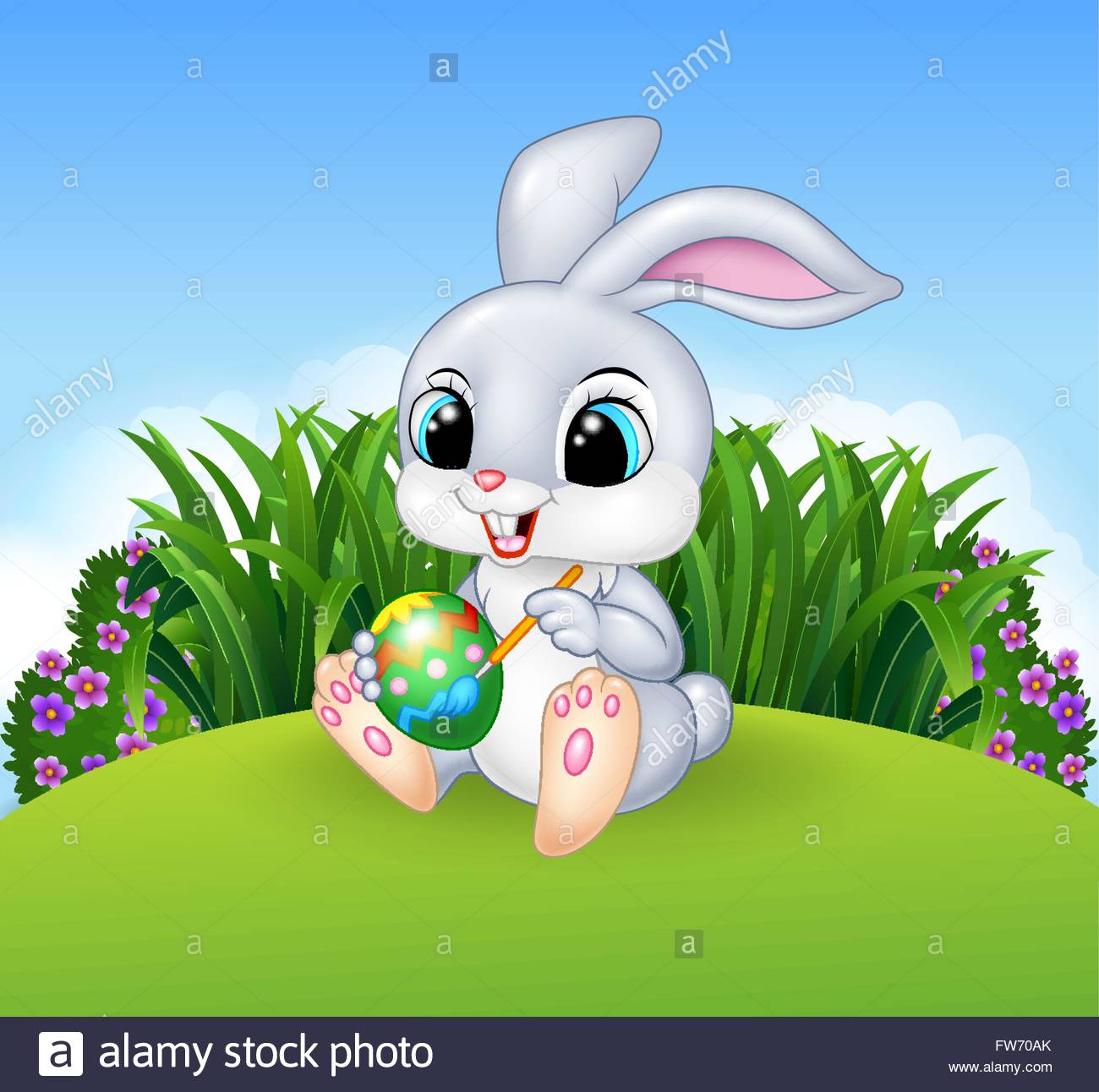 1300x1292 Cute Easter Bunny Painting An Egg On The Meadow Background Stock - Easter Bunny Painting