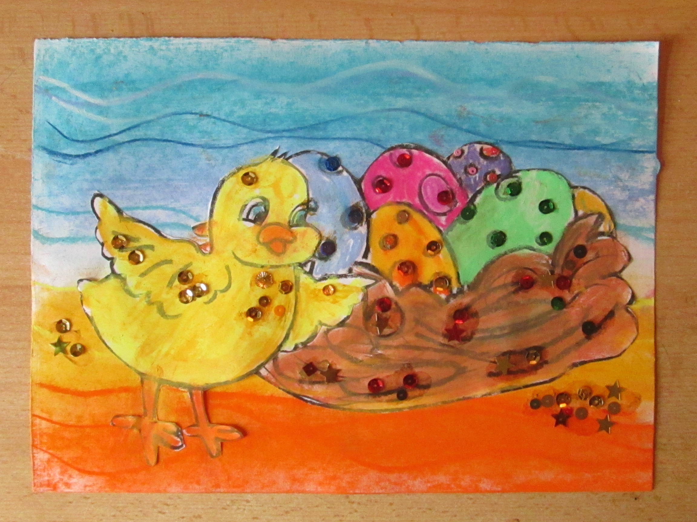 2304x1728 Spring Pastel Art With Easter Eggs In Nest And Chick - Easter Chick Painting
