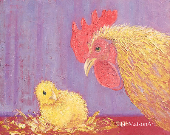 570x453 Chicken Painting, Easter Art, Country Cottage Decor, Hen Art - Easter Chick Painting