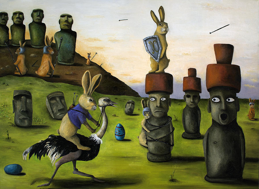 900x655 Battle Over Easter Island Painting By Leah Saulnier - Easter Island Painting