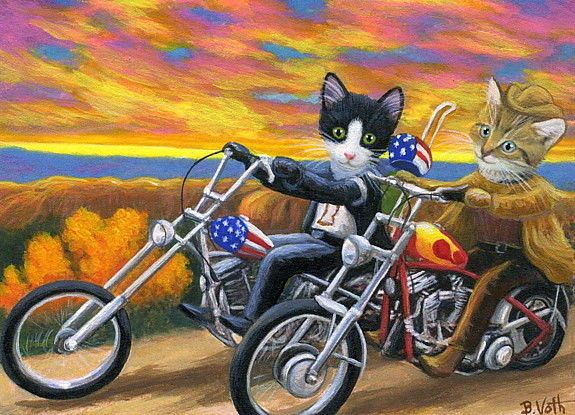 575x415 Cats Easy Rider Harleys Motorcycle Southwest Sunset Original Aceo - Easy Rider Painting