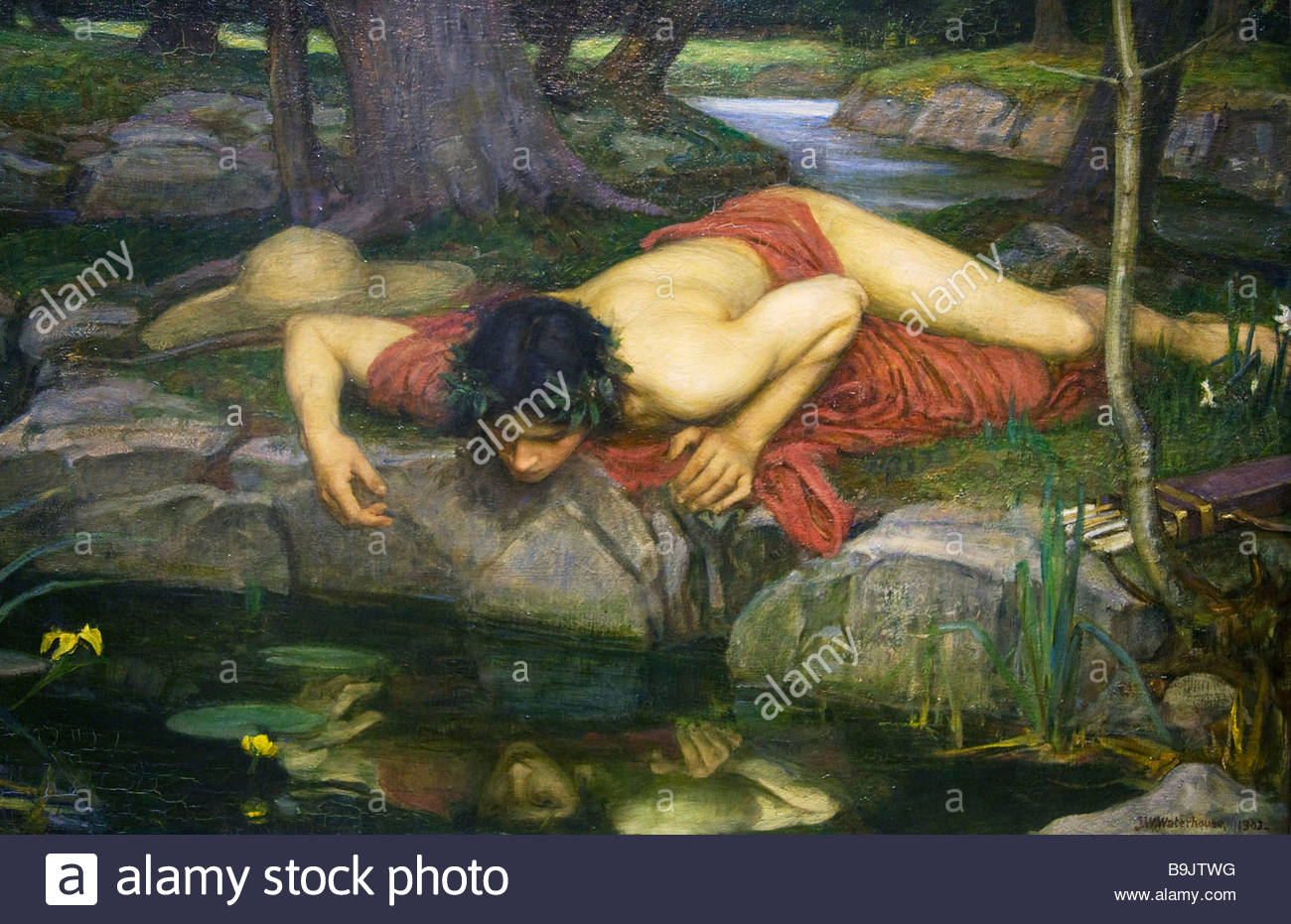 1300x931 Echo And Narcissus By John William Waterhouse Painted 1903 Stock - Echo And Narcissus Painting