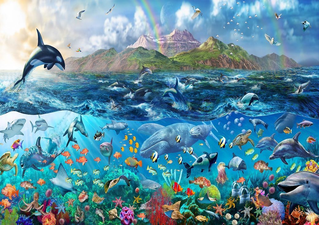 Чудо в океане на русском языке. Морская жизнь. Морской пейзаж с дельфинами. Фотообои с подводным миром на стену.