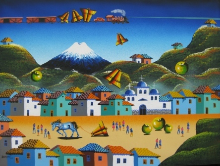 444x336 Tigua Ecuador, Hand Painted On Sheepskin, Fair Trade Project, Fine - Ecuadorian Painting