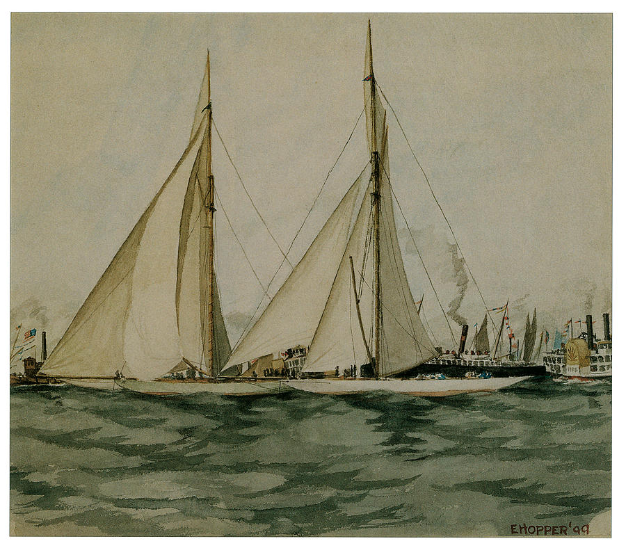 900x788 Columbia And Shamrock America's Cup Painting By Edward Hopper - Edward Hopper Sailboat Painting