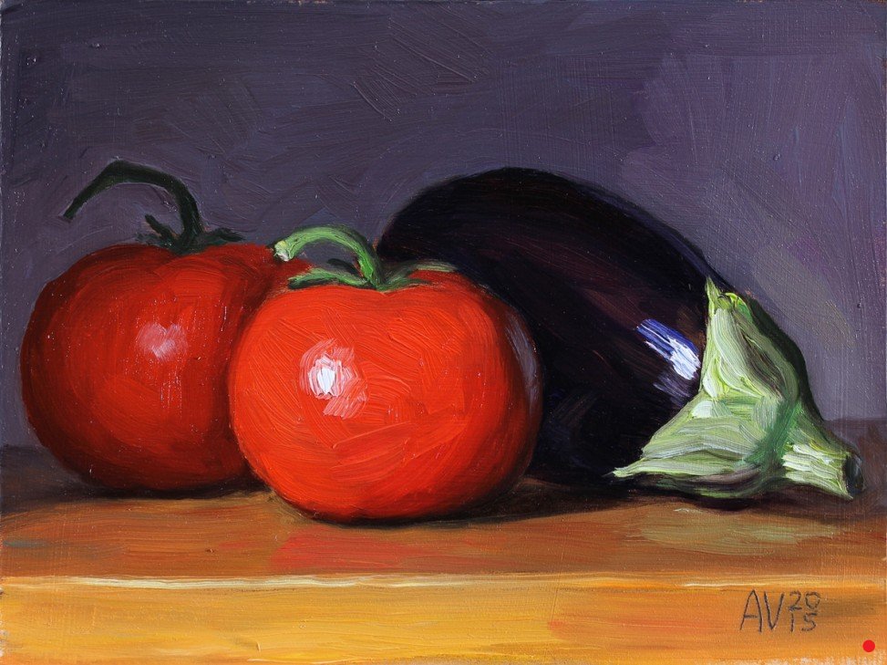973x729 Tomatoes And Eggplant Original Oil Painting By Aleksey Vaynshteyn - Eggplant Painting