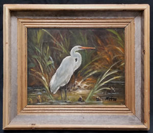 300x260 Framed Fine Oil Painting Of Beautiful White Egret In Old Barn Wood - Egret Oil Painting