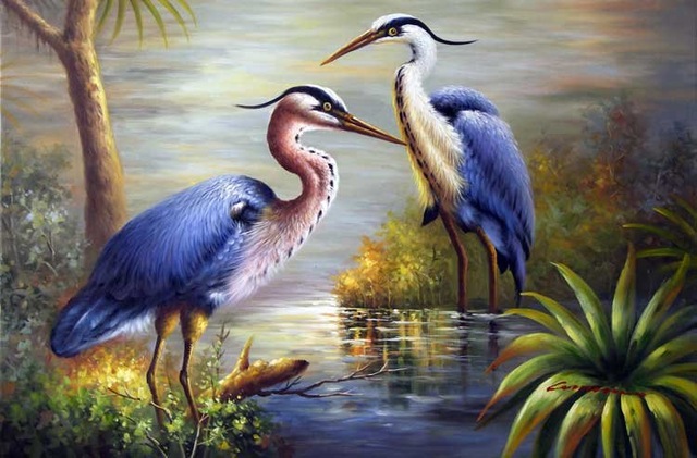 640x421 Great Blue Heron Egret Birds Pair Large Oil Painting In Painting - Egret Oil Painting