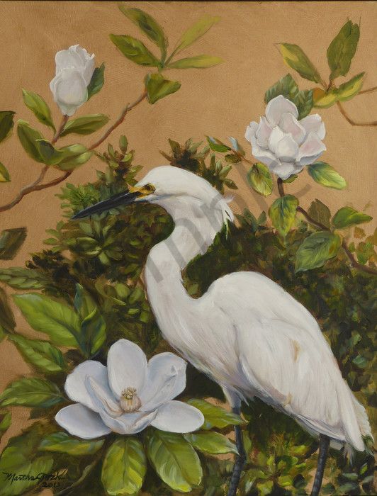 532x700 Snowy Egret With Magnolias Isn Oil Painting By Martha Dodd - Egret Oil Painting