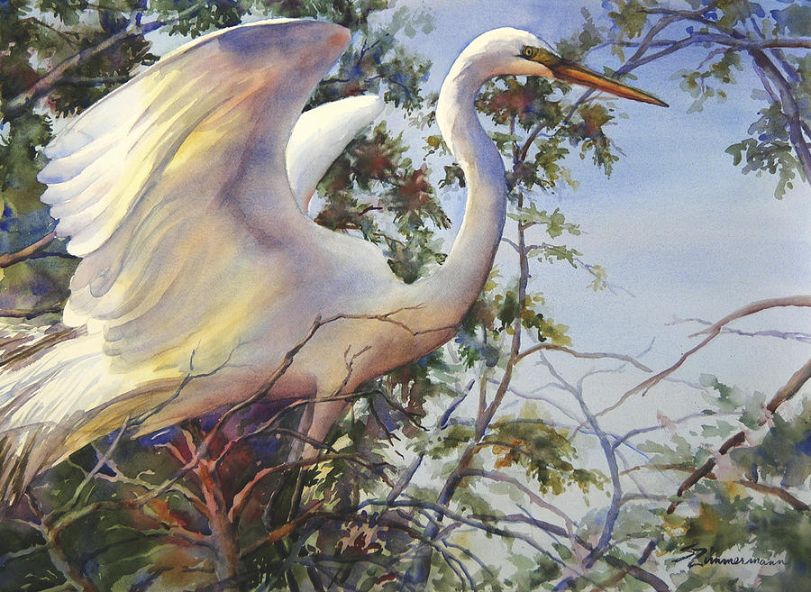 900x657 Nesting Egret Painting By Sue Zimmermann - Egret Painting