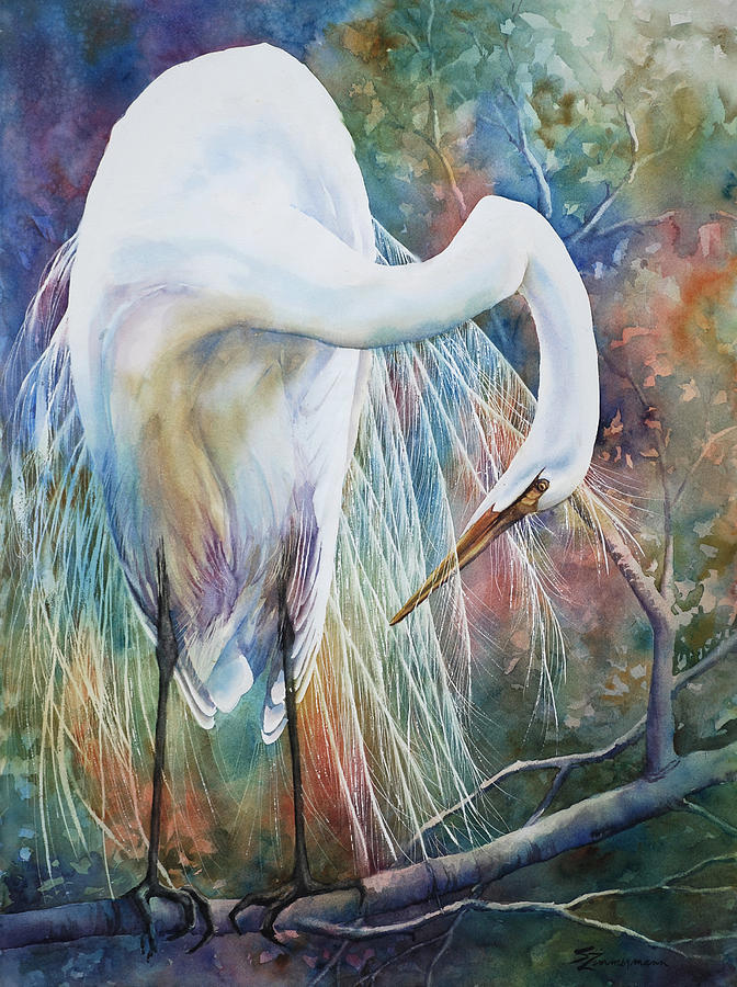 672x900 Preening Egret Painting By Sue Zimmermann - Egret Painting