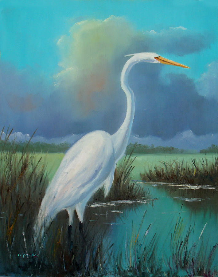 710x900 White Egret Painting By Charles Yates - Egret Painting