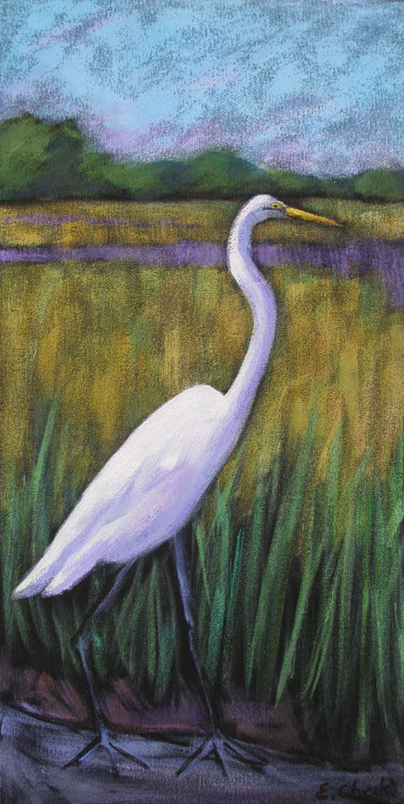 579x1152 Egret Ii Marsh Bird Acrylic Painting On Canvas - Egret Painting