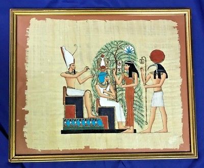 400x329 Vintage Framed Egyptian Painting On Papyrus Pharaoh Gods - Egyptian Papyrus Painting