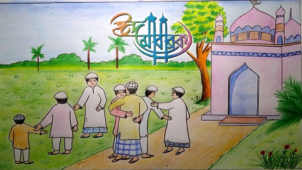 1280x720 How To Draw Scenery Of Eid Day Step By Step Eid Mubarak Scenery - Eid Mubarak Painting