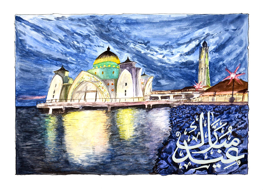 900x650 Eid Greeting Card Masjid Selat Melaka Of Malaysia Painting By - Eid Painting