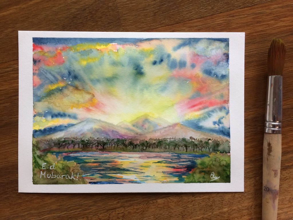 1024x768 Eid Sunrise Watercolour Painting By Qtariq - Eid Painting