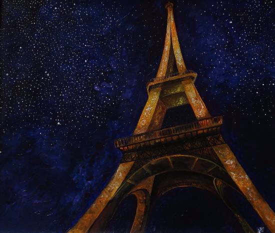 550x466 Eiffel Tower In Night, Painting By Emerging Artist Nidhi Mittal - Eiffel Tower At Night Painting
