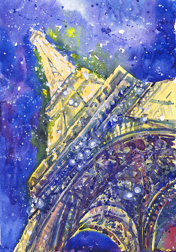 570x814 Paris Print Eiffel Tower Art Night Sky Painting Paris Bedroom - Eiffel Tower At Night Painting