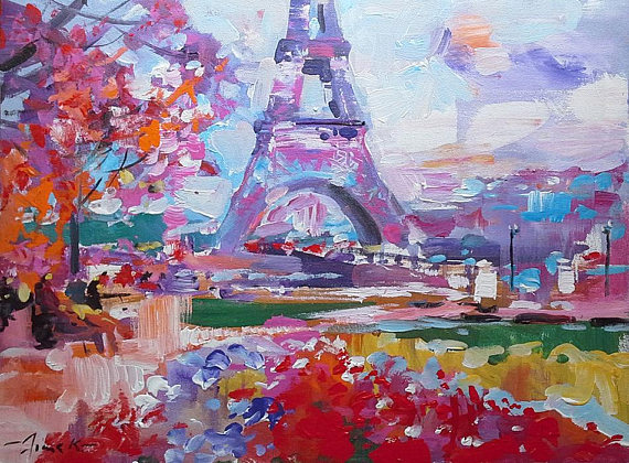 570x420 Paris Eiffel Tower Original Oil Painting 18x24 Canvas Europe - Eiffel Tower Impressionist Painting