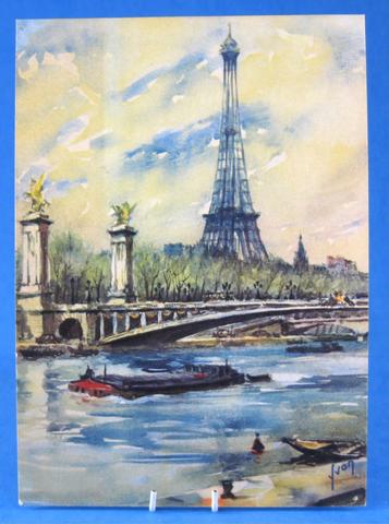 357x480 Postcard Artist Signed Watercolor Eiffel Tower Paris Yvon 1950s - Eiffel Tower Impressionist Painting