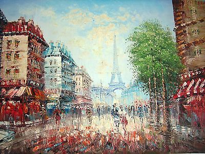 400x300 Paris France City Street Shops Eiffel Tower Plaza 24 X 36 Oil - Eiffel Tower Oil Painting On Canvas