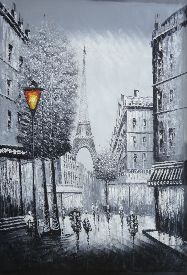 713x1050 Framed People Walk On Paris Street To Eiffel Tower, Black - Eiffel Tower Painting Black And White
