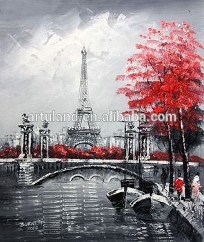 296x350 High Quality Handpainted Modern Red Black And White Oil Painting - Eiffel Tower Painting Black And White