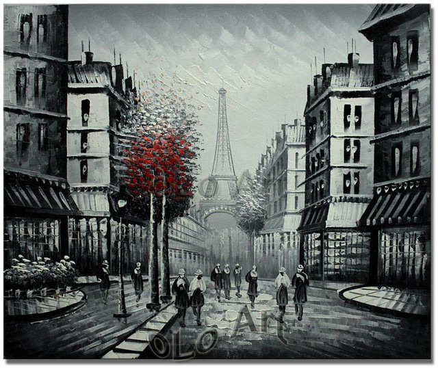 640x538 Paris Eiffel Tower Black Amp White With Red Tree Urban Street Oil - Eiffel Tower Painting Black And White