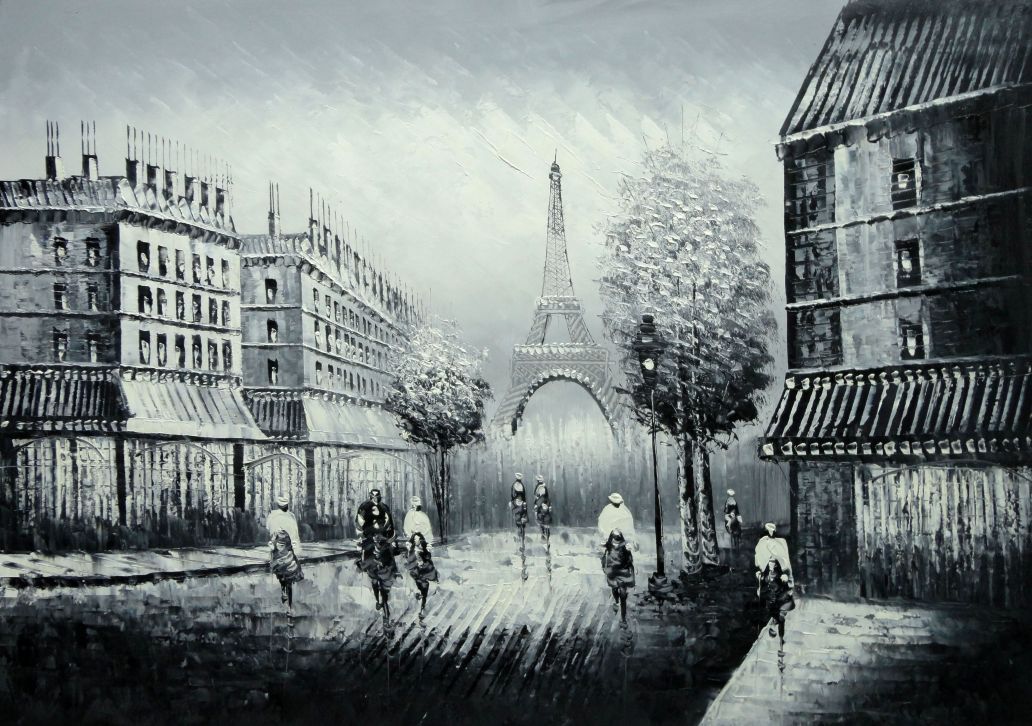 1032x726 People Crossing Eiffel Tower Oil Painting Black White Cityscape - Eiffel Tower Painting Black And White