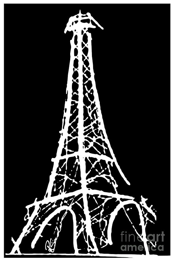 600x900 Eiffel Tower Paris France White On Black Painting By Robyn Saunders - Eiffel Tower Painting Black And White