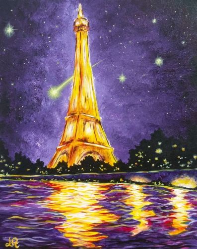 397x500 Golden Eiffel Tower Painting With Water Reflections And Starry - Eiffel Tower Painting Night