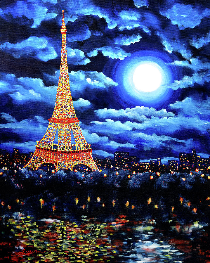 719x900 Midnight In Paris Painting By Laura Iverson - Eiffel Tower Painting Night