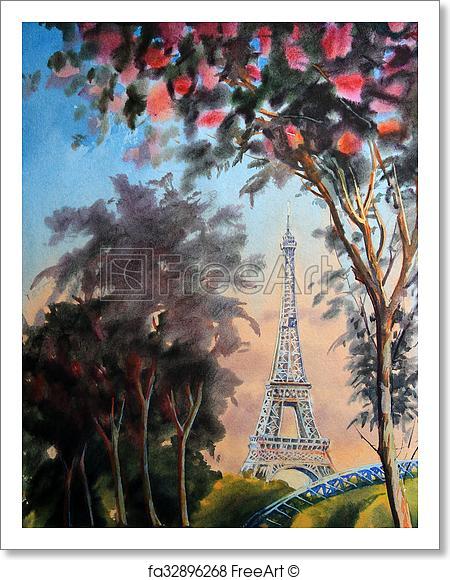450x580 Free Art Print Of Watercolor Painting Landscape With Eiffel Tower - Eiffel Tower Watercolor Painting
