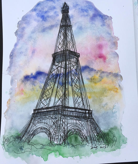 570x676 Original Watercolour Painting Paris Eiffel Tower Watercolour - Eiffel Tower Watercolor Painting