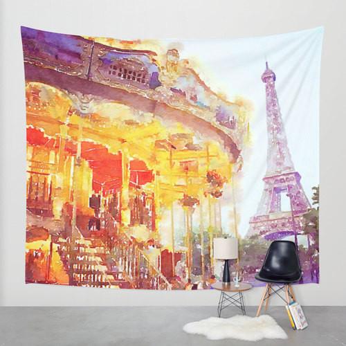 500x500 Paris Carousel By Eiffel Tower. Original Watercolor Painting Wall - Eiffel Tower Watercolor Painting