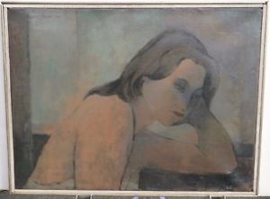 300x221 Woman In Slip Leaning On Elbow Amp Thinking Oil Painting 1966 August - Elbow Painting