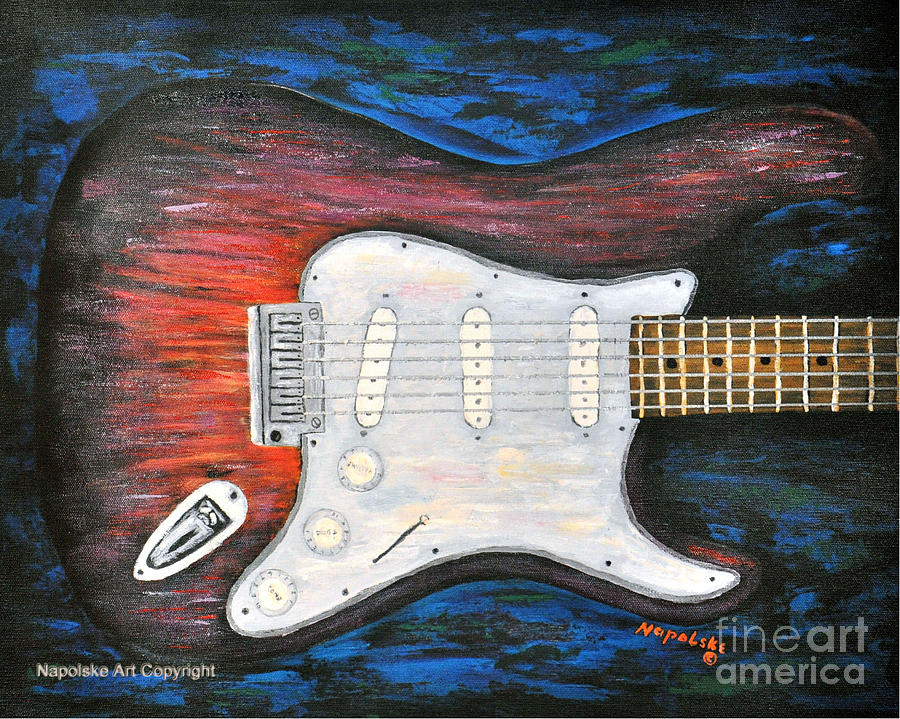 900x719 Red Electric Guitar Painting Painting By Barney Napolske - Electric Guitar Painting