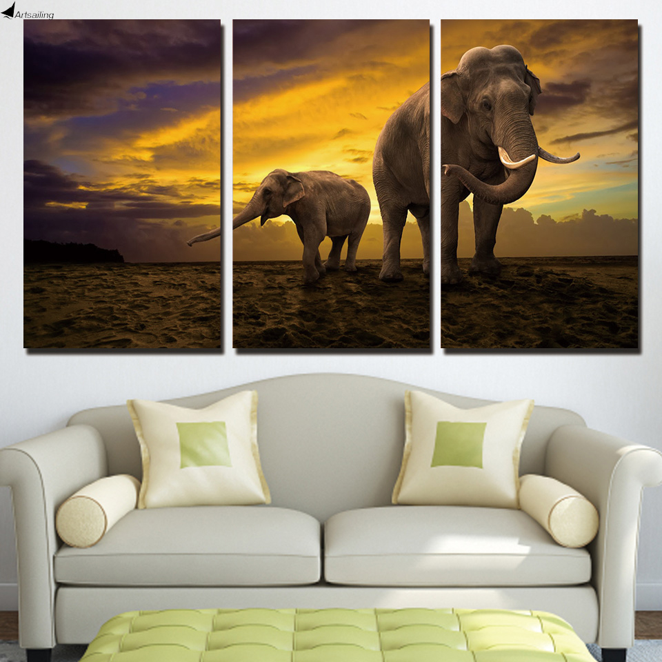 960x960 Hd Printed 3 Piece Elephant Canvas Painting Sunset Large Canvas - Elephant Canvas Painting