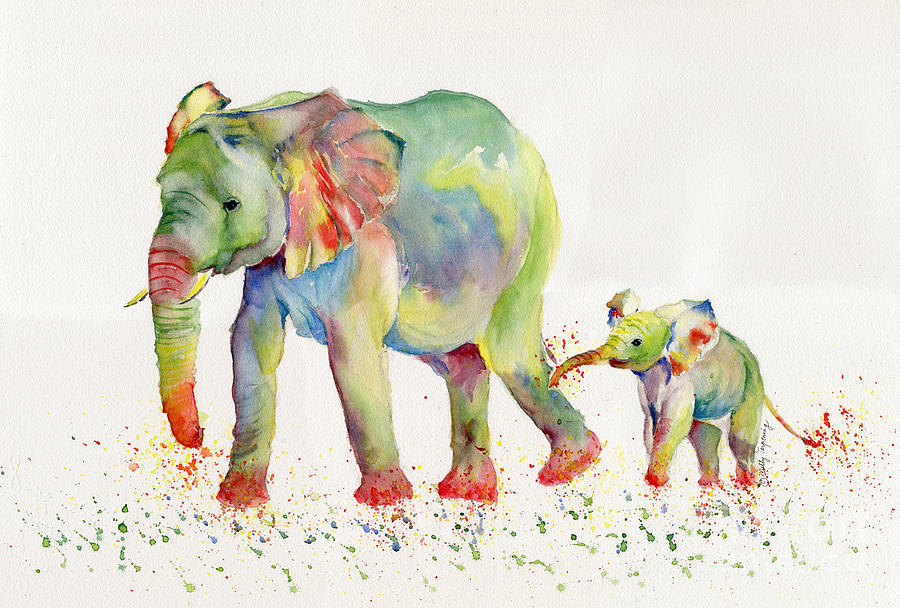 900x608 Elephant Family Watercolor Painting By Melly Terpening - Elephant Family Painting