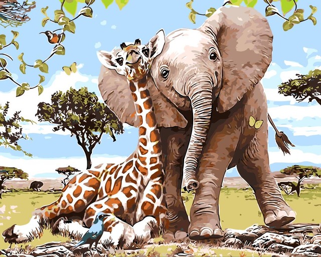 640x513 Giraffe Elephant Family Animals Oil Painting Room Decor Painting - Elephant Family Painting