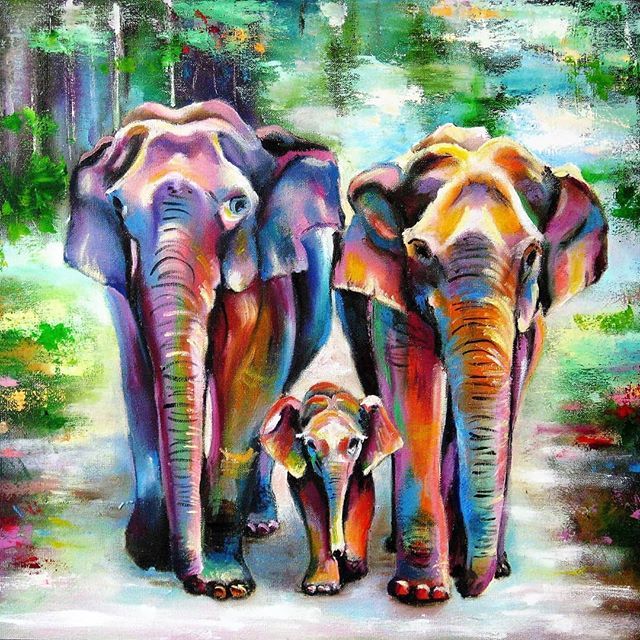 640x640 Oil Painting On Canvas. Elephant Family Art - Elephant Family Painting