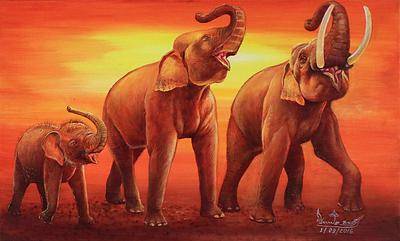 400x241 Signed Expressionist Painting Of An Elephant Family - Elephant Family Painting