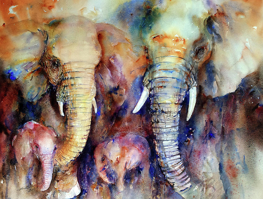 900x681 Elephant Family Painting By Arti Chauhan - Elephant Family Painting