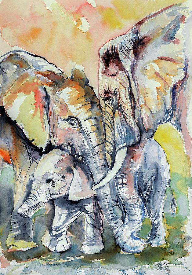 629x900 Elephant Family Painting By Kovacs Anna Brigitta - Elephant Family Painting