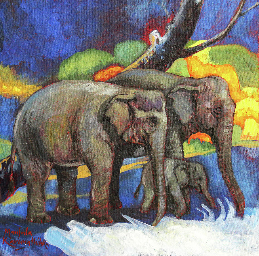 900x887 Elephant Family Painting By Manjula Karunathilaka - Elephant Family Painting